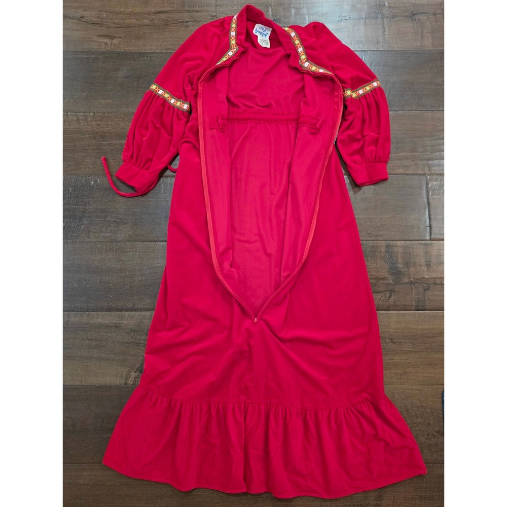 Vtg Rare Boho M Cottagecore Red fleece robe floral 70s ruffle hem loungeware - Picture 7 of 12